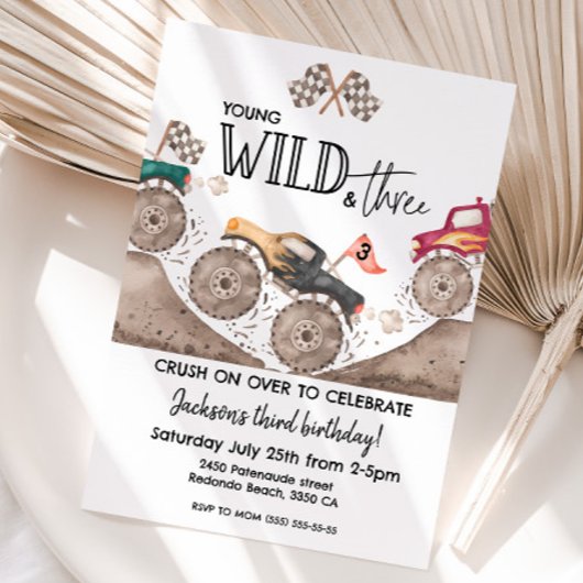 Monster Truck YOUND WILD & THREE 3rd birthday kids 招待状
