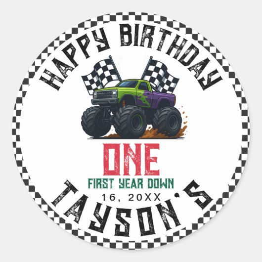 Monster Trucks 1st Birthday Vroom Party ラウンドシール (正面)