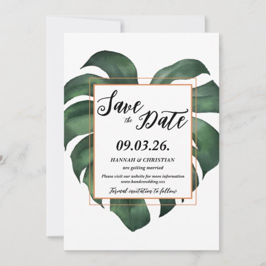 Monsteraトロピカルパームリーフ日付を保存 招待状 (正面)