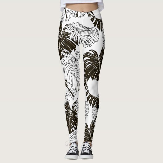Monsteraモノクロ:白黒シームレス。 レギンス (正面)