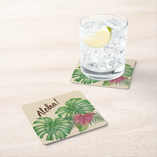 Monstera及びアンスリウム属の熱帯アロハコースター スクエアペーパーコースター (インサイチュ)