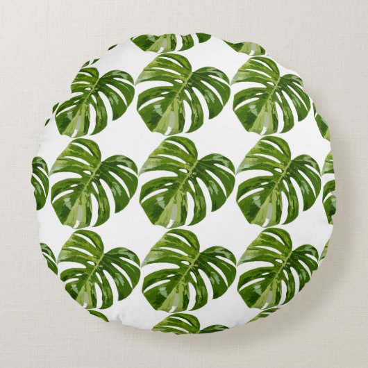 Monstera Albo Leaf — Botanical Home Decor ラウンドクッション (正面)