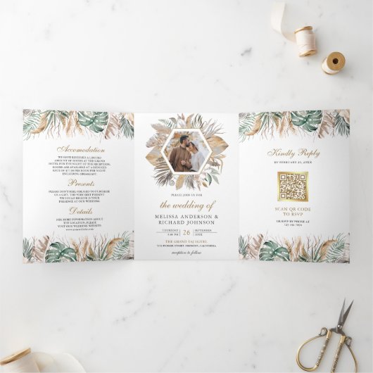 Monstera Boho Pampas All in One QR Code 結婚's 三つ折り招待状 (内部)