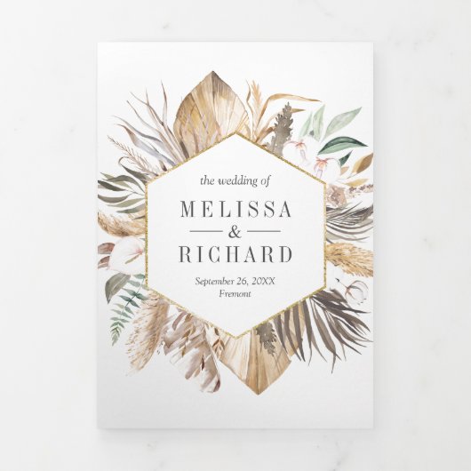 Monstera Boho Pampas All in One QR Code 結婚's 三つ折り招待状 (カバー)