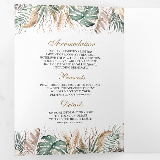 Monstera Boho Pampas All in One QR Code 結婚's 三つ折り招待状 (内部最初)