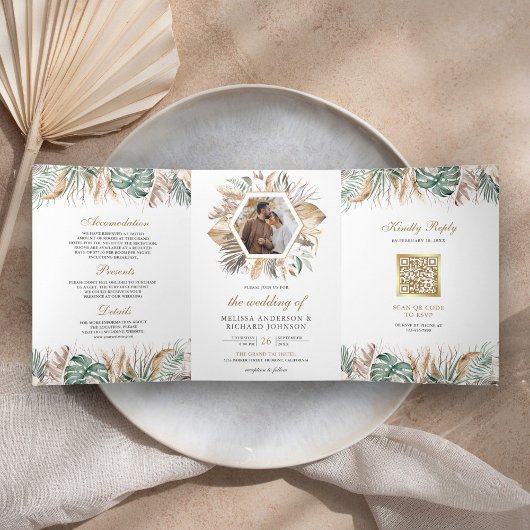 Monstera Boho Pampas All in One QR Code 結婚's 三つ折り招待状