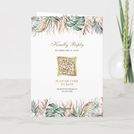 Monstera Boho Pampas All in One QR Code Wedding 招待状 (裏面)