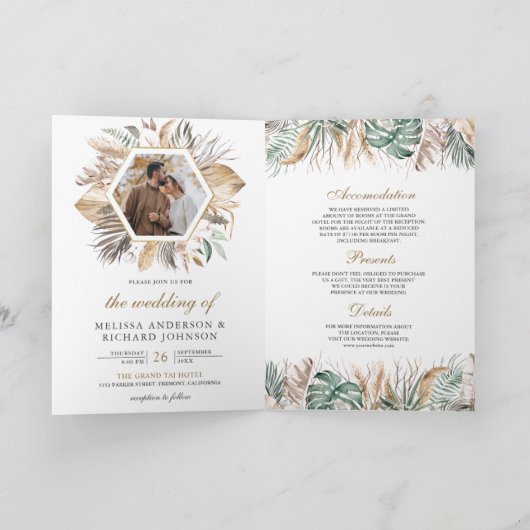 Monstera Boho Pampas All in One QR Code Wedding 招待状 (内部)
