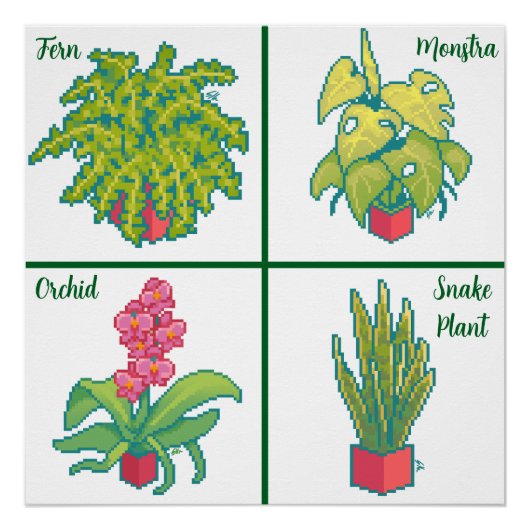 Monstera, Fern, Orchid, snake plant. Pixel art ポスター (正面)