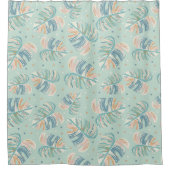 Monstera Leaf -ターコイズ、緑、珊瑚、マスタード シャワーカーテン (正面)