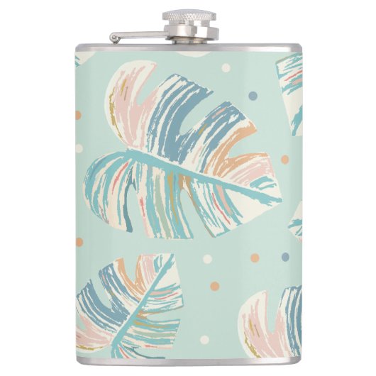 Monstera Leaf -ターコイズ、緑、珊瑚、マスタード フラスク (正面)