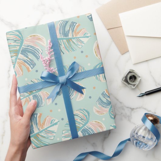 Monstera Leaf -ターコイズ、緑、珊瑚、マスタード ラッピングペーパー (ギフト)