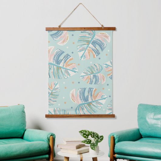 Monstera Leaf -ターコイズ、緑、珊瑚、マスタード 吊り下げ型タペストリー (リビング)