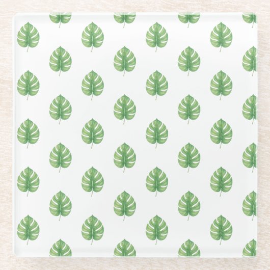 Monstera Leaf Green Design.  ガラスコースター (正面)