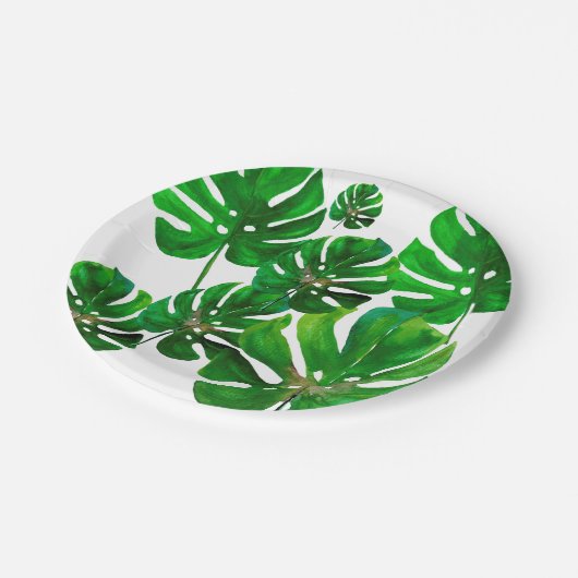 Monstera leaf pattern on paper party plate ペーパープレート (アングル)