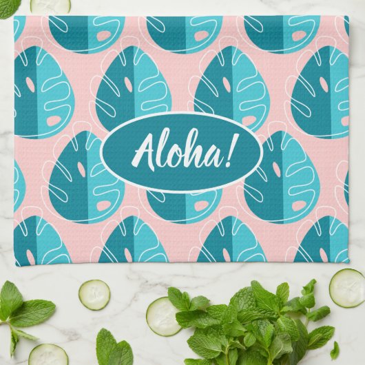 Monstera Leaves - Blue and Pink キッチンタオル (折り畳み)