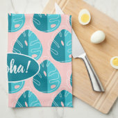 Monstera Leaves - Blue and Pink キッチンタオル (四つ折り)