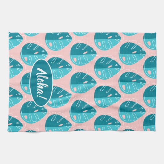 Monstera Leaves - Blue and Pink キッチンタオル (横)