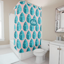 Monstera Leaves - Blue and Pink シャワーカーテン