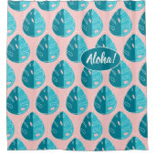 Monstera Leaves - Blue and Pink シャワーカーテン (正面)