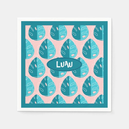 Monstera Leaves - Blue and Pink スタンダードカクテルナプキン (正面)