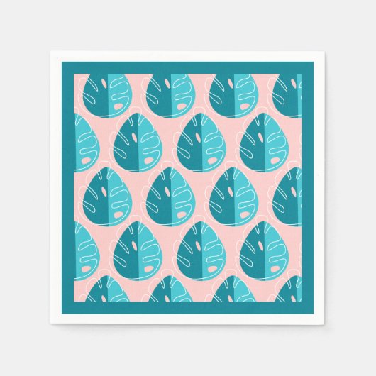 Monstera Leaves - Blue and Pink スタンダードカクテルナプキン (正面)