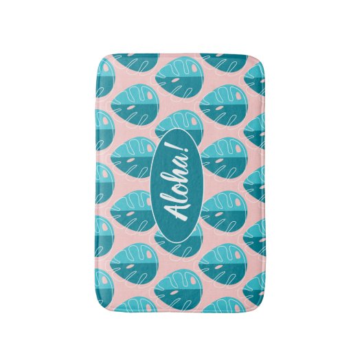 Monstera Leaves - Blue and Pink バスマット (正面縦)