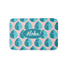 Monstera Leaves - Blue and Pink バスマット