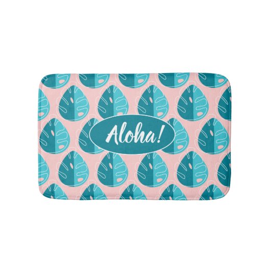 Monstera Leaves - Blue and Pink バスマット (正面)