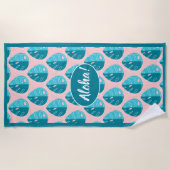 Monstera Leaves - Blue and Pink ビーチタオル (正面)