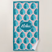 Monstera Leaves - Blue and Pink ビーチタオル (正面)