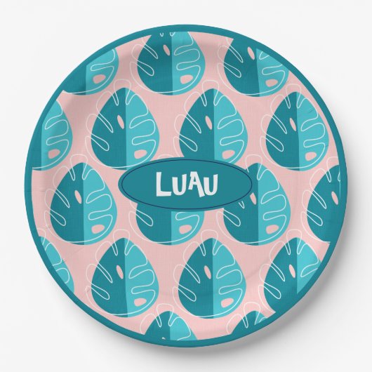 Monstera Leaves - Blue and Pink ペーパープレート (正面)