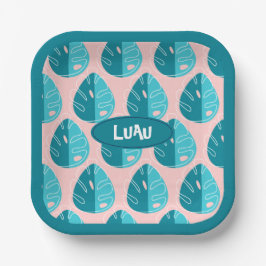 Monstera Leaves - Blue and Pink ペーパープレート