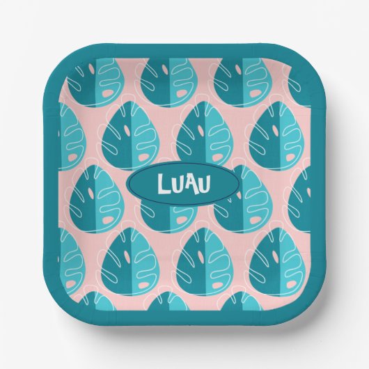 Monstera Leaves - Blue and Pink ペーパープレート (正面)