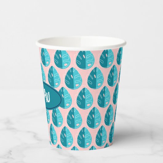 Monstera Leaves - Blue and Pink 紙コップ (左)