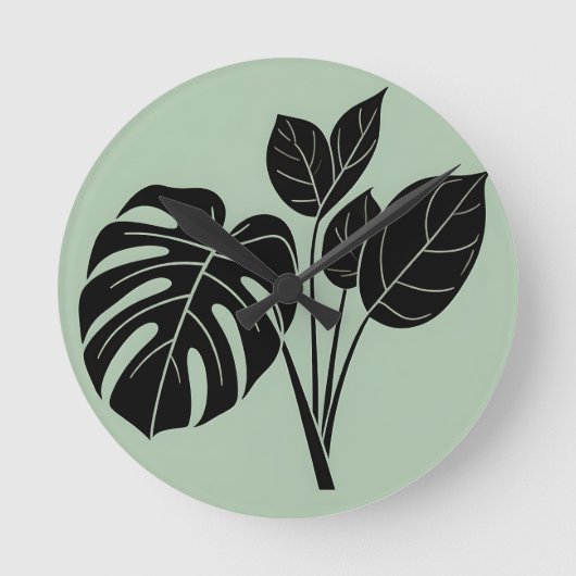 Monstera Leaves Tropical Minimalist Sage ラウンド壁時計 (正面)