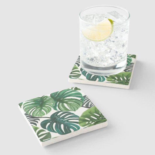 Monstera Leaves Watercolor Modern Botanical ストーンコースター (横)