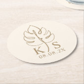 Monstera Monogramカスタム日付ロゴを保存 ラウンドペーパーコースター (アングル)