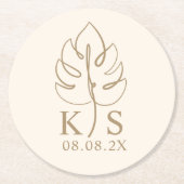 Monstera Monogramカスタム日付ロゴを保存 ラウンドペーパーコースター (正面)