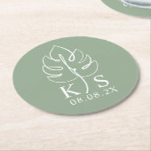 Monstera Monogramカスタム日付ロゴを保存 ラウンドペーパーコースター (アングル)