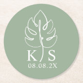 Monstera Monogramカスタム日付ロゴを保存 ラウンドペーパーコースター (正面)