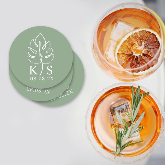 Monstera Monogramカスタム日付ロゴを保存 ラウンドペーパーコースター