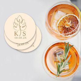 Monstera Monogramカスタム日付ロゴを保存 ラウンドペーパーコースター