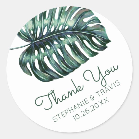Monstera Palm Leaf Tropical 結婚'S Thank You ラウンドシール (正面)