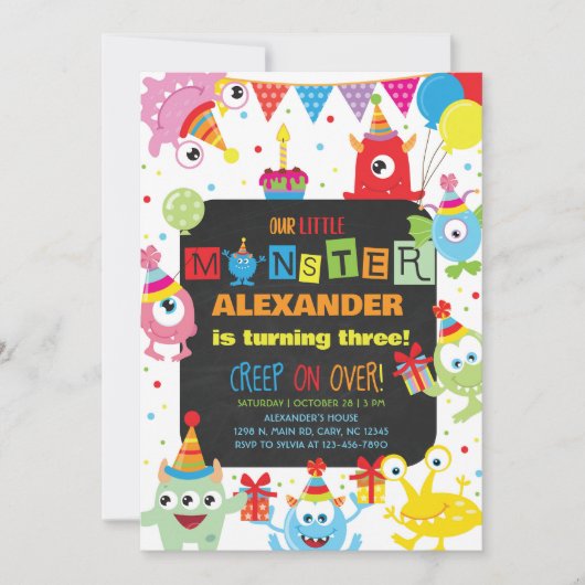 Monsters boy birthday invitation, any age. 招待状 (正面)