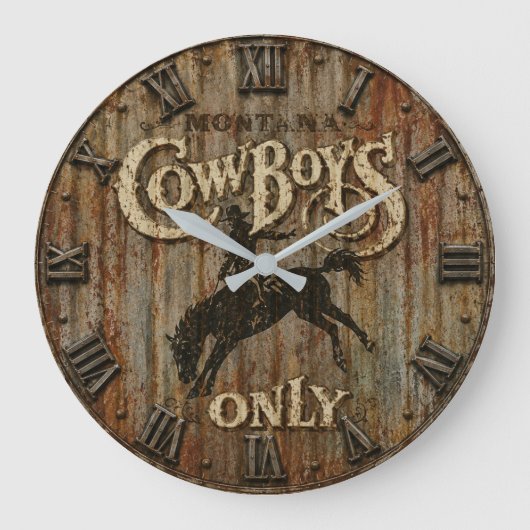 Montana Cowboys Only Rustic Western Rodeo ラージ壁時計 (正面)