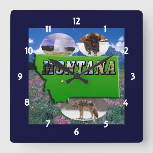 Montana Map、写真文字、サイト時計 スクエア壁時計 (正面)