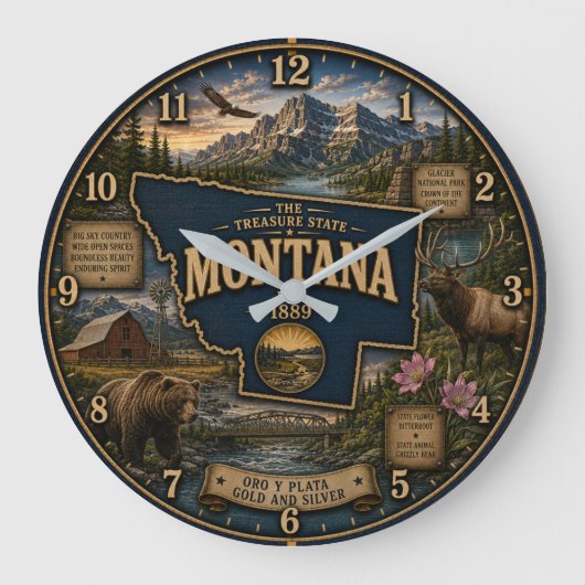 Montana State Treasure State Mountain  Wildlife ラージ壁時計 (正面)