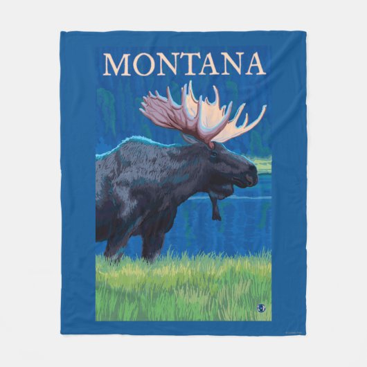 MontanaMooseのヴィンテージ旅行ポスター フリースブランケット (正面)
