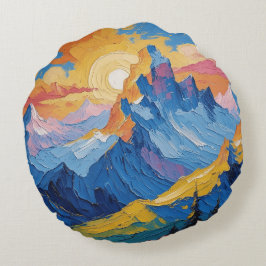 Montañas al amanecer con resplandor ラウンドクッション